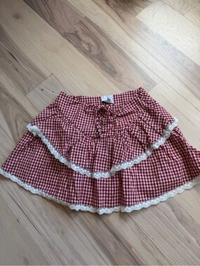 Red Gingham Lace-Trim Tiered Skirt - Women